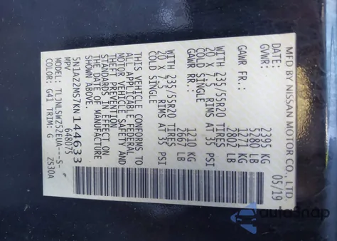 2019 Nissan Murano Platinum z USA, uszkodzony, nr VIN 5N1AZ2MS7KN144633